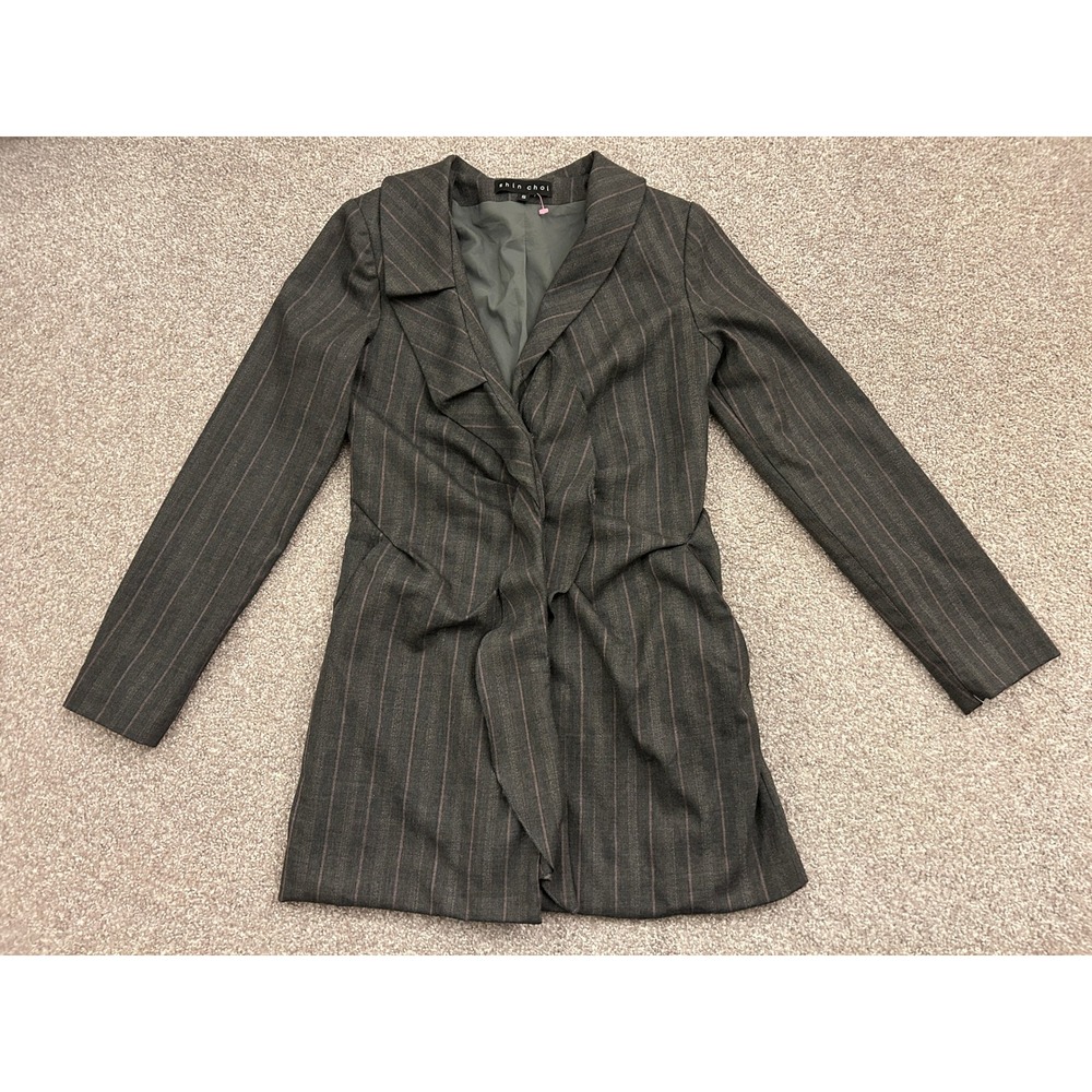 Shin Choi Blazer Womens Small Grey Pinstripe Excellent Ruffle Front Wool Blend